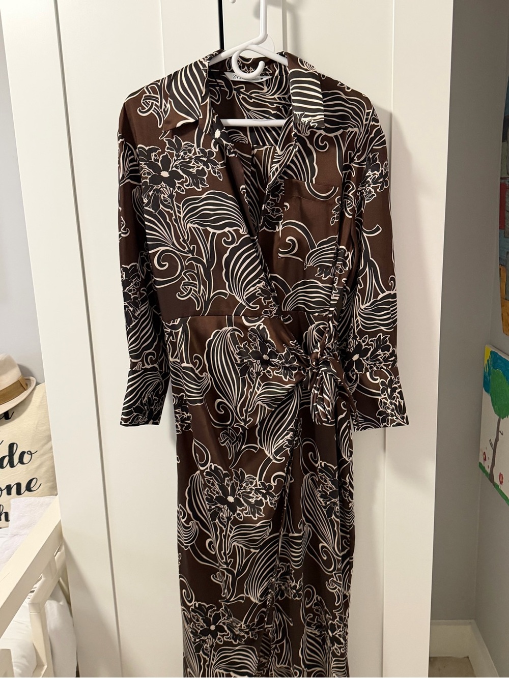 Zara Brown Long Sleeve Floral Wrap Dress with White Print